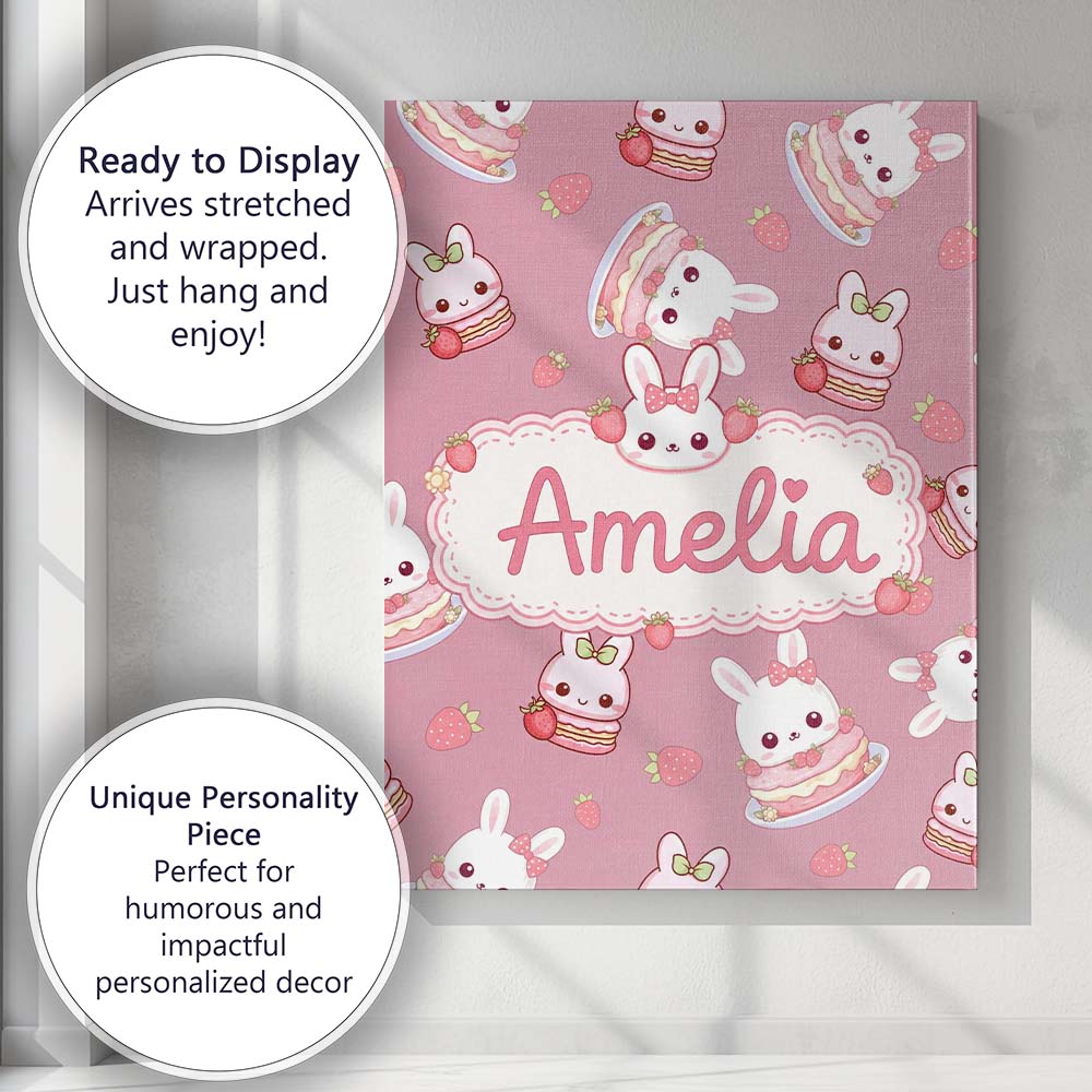 Personalised Name Cute Strawberry Bunny Custom  Modern Room Accent Elegant Feature Canvas Wall Art Print Decor Picture Ready to Hang