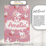 Cute Strawberry Bunny Macaron Dessert Kawaii Pink Background  Personalised Custom Name Super Soft Fleece Blanket Bed Sofa Throw