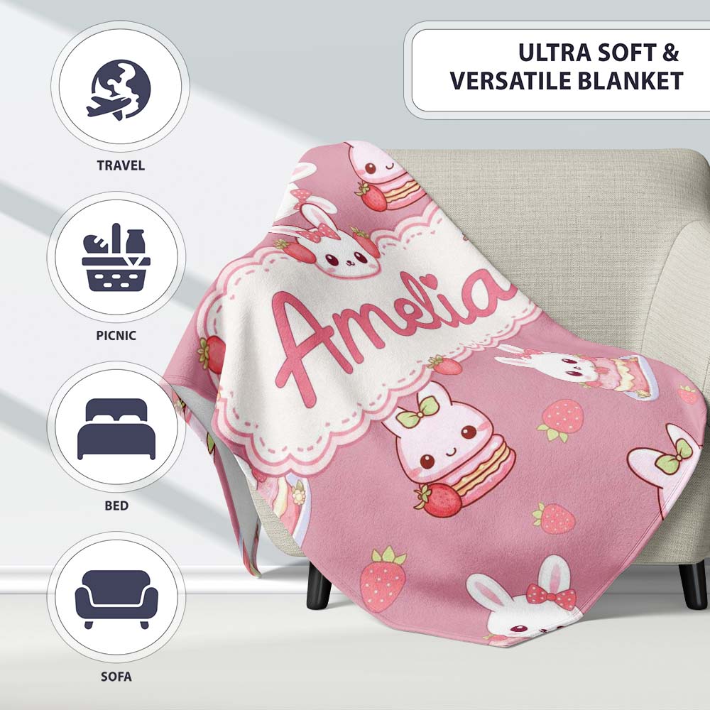 Cute Strawberry Bunny Macaron Dessert Kawaii Pink Background  Personalised Custom Name Super Soft Fleece Blanket Bed Sofa Throw