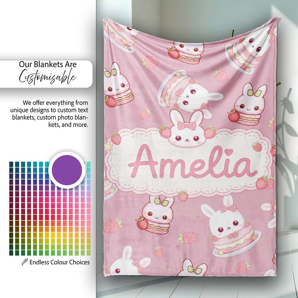 Cute Strawberry Bunny Macaron Dessert Kawaii Pink Background  Personalised Custom Name Super Soft Fleece Blanket Bed Sofa Throw
