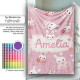 Cute Strawberry Bunny Macaron Dessert Kawaii Pink Background  Personalised Custom Name Super Soft Fleece Blanket Bed Sofa Throw