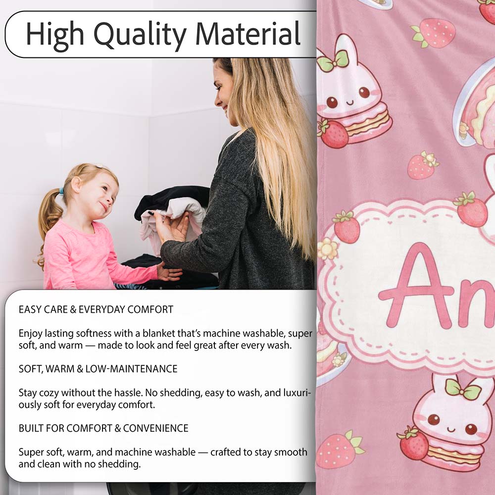 Cute Strawberry Bunny Macaron Dessert Kawaii Pink Background  Personalised Custom Name Super Soft Fleece Blanket Bed Sofa Throw
