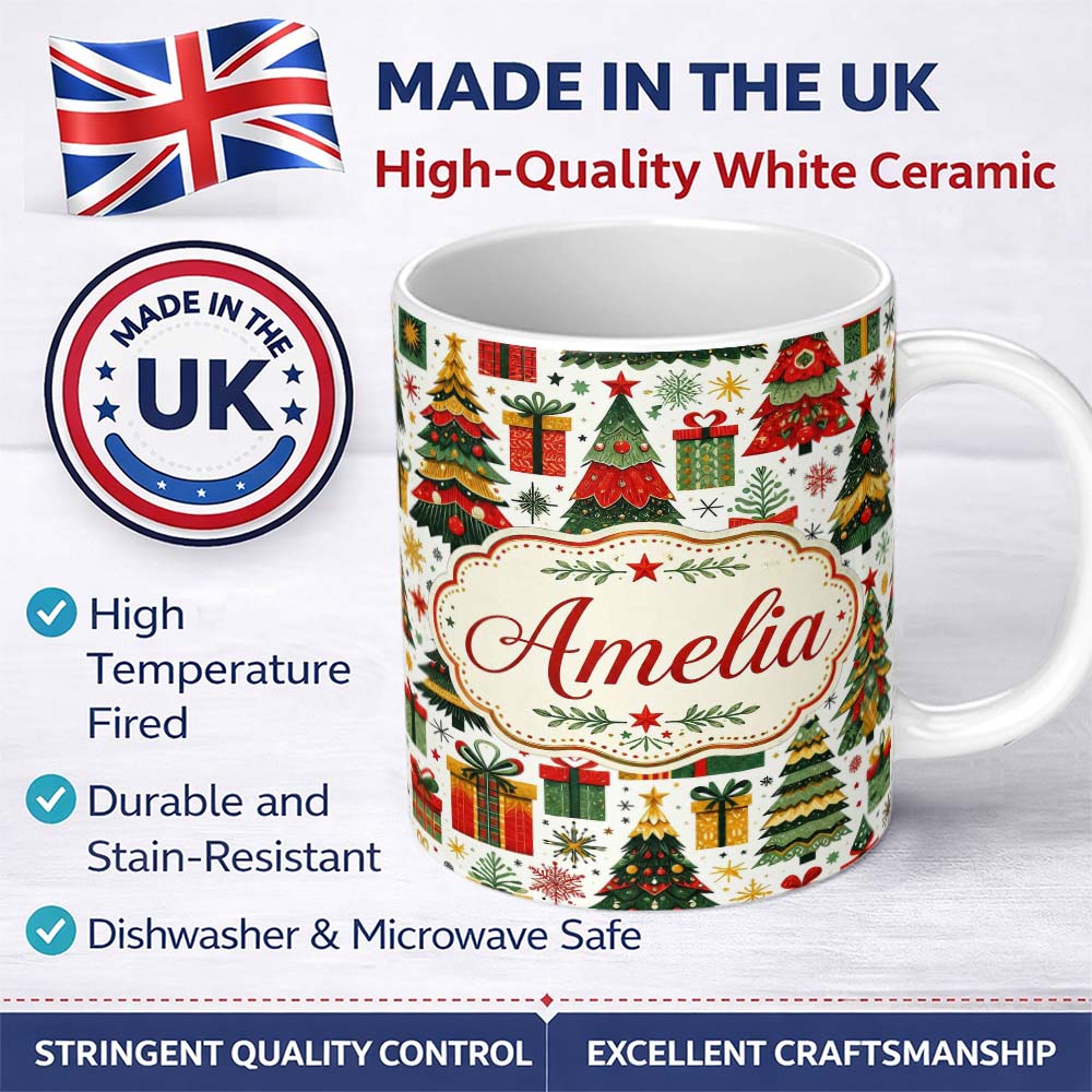 Personalized Custom Name Festive Christmas Trees Gifts Presents Red Green Seamless Pattern 11oz Ceramic Coffee Tea Mug White Large Handle