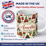 Personalized Custom Name Festive Christmas Trees Gifts Presents Red Green Seamless Pattern 11oz Ceramic Coffee Tea Mug White Large Handle