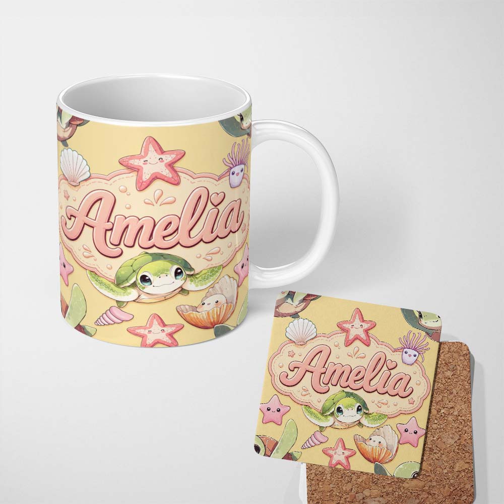 Personalized Custom Name Cute Kawaii Sea Turtle Starfish Shells Ocean Friends Yellow Lovely 11oz Ceramic Coffee Tea Mug White Large Handle