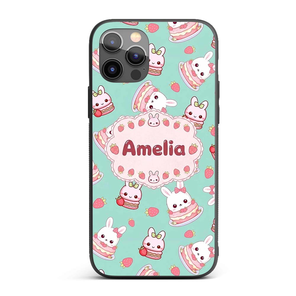 Cute Strawberry Bunny Macaron Dessert Kawaii Mint Custom Name Protective Phone Case Mobile Cover Durable Everyday Smartphone Shock Resistant