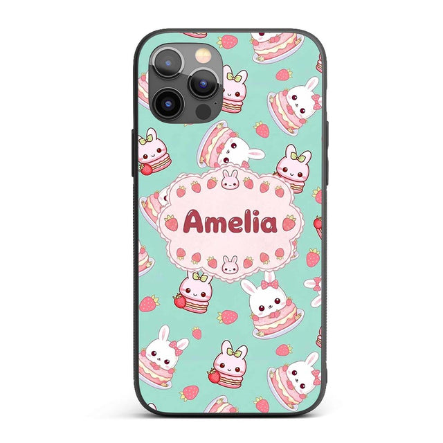 Cute Strawberry Bunny Macaron Dessert Kawaii Mint Custom Name Protective Phone Case Mobile Cover Durable Everyday Smartphone Shock Resistant