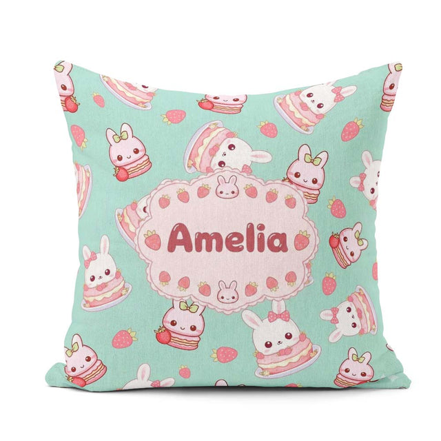 Custom Name Cute Strawberry Bunny Macaron Kawaii Mint Background Square Filled Cushion Throw Pillow Sofa Bed Home Decor Zip Washable UK Made
