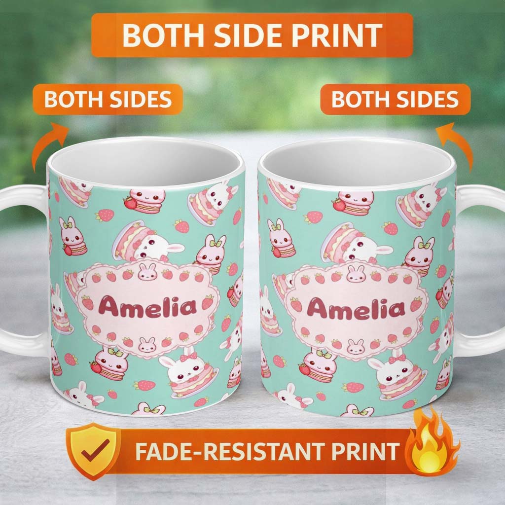Personalized Custom Name Cute Strawberry Bunny Macaron Dessert Kawaii Mint Background 11oz Ceramic Coffee Tea Mug White Large Handle