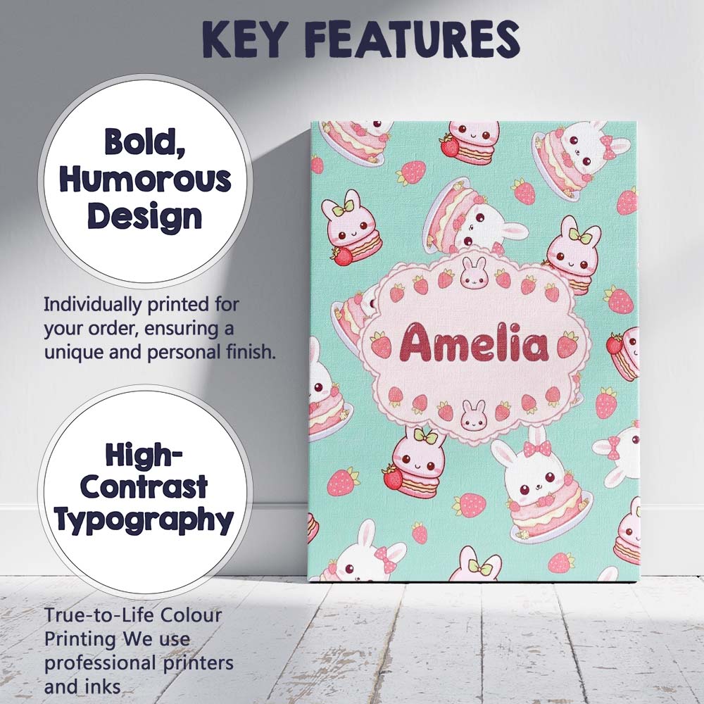 Personalised Name Cute Strawberry Bunny Custom  Modern Room Accent Elegant Feature Canvas Wall Art Print Decor Picture Ready to Hang
