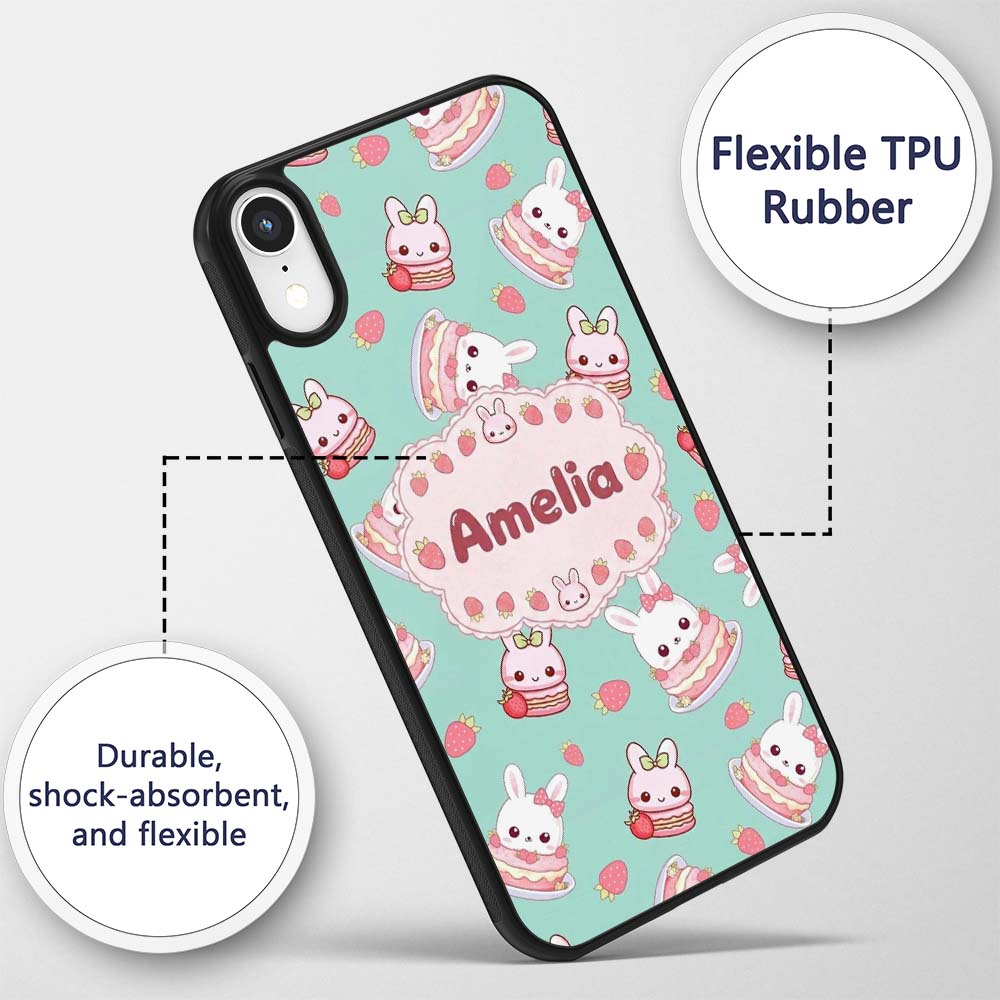 Cute Strawberry Bunny Macaron Dessert Kawaii Mint Custom Name Protective Phone Case Mobile Cover Durable Everyday Smartphone Shock Resistant