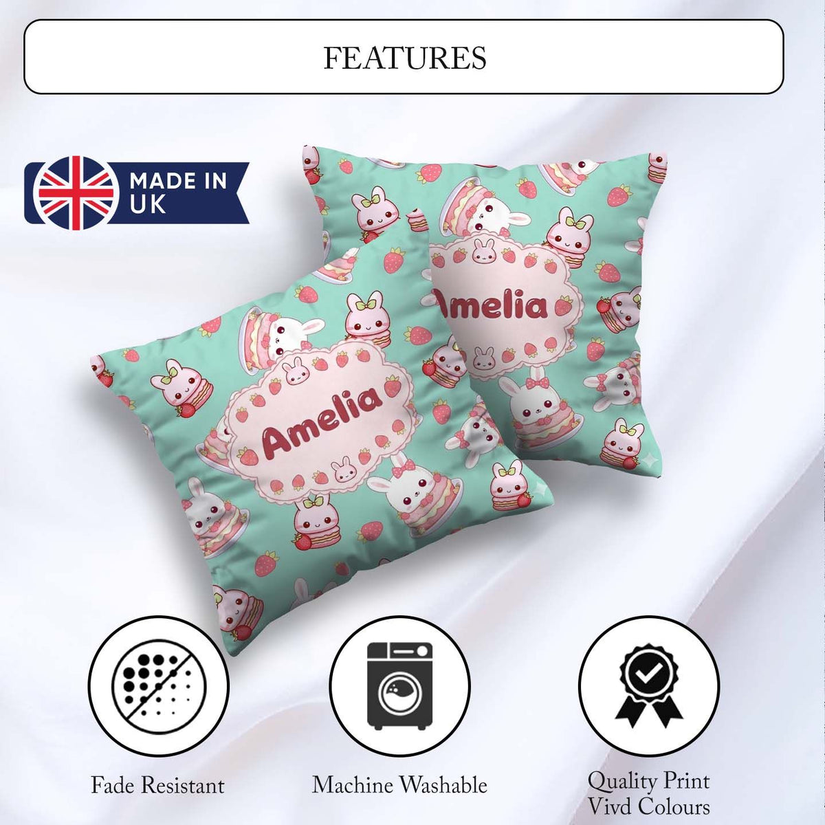 Custom Name Cute Strawberry Bunny Macaron Kawaii Mint Background Square Filled Cushion Throw Pillow Sofa Bed Home Decor Zip Washable UK Made