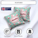Custom Name Cute Strawberry Bunny Macaron Kawaii Mint Background Square Filled Cushion Throw Pillow Sofa Bed Home Decor Zip Washable UK Made