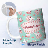 Personalized Custom Name Cute Strawberry Bunny Macaron Dessert Kawaii Mint Background 11oz Ceramic Coffee Tea Mug White Large Handle