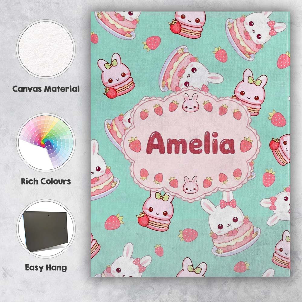 Personalised Name Cute Strawberry Bunny Custom  Modern Room Accent Elegant Feature Canvas Wall Art Print Decor Picture Ready to Hang