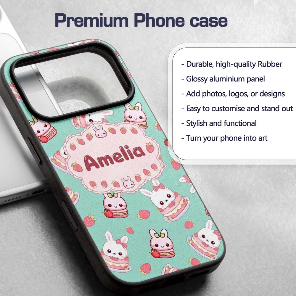 Cute Strawberry Bunny Macaron Dessert Kawaii Mint Custom Name Protective Phone Case Mobile Cover Durable Everyday Smartphone Shock Resistant
