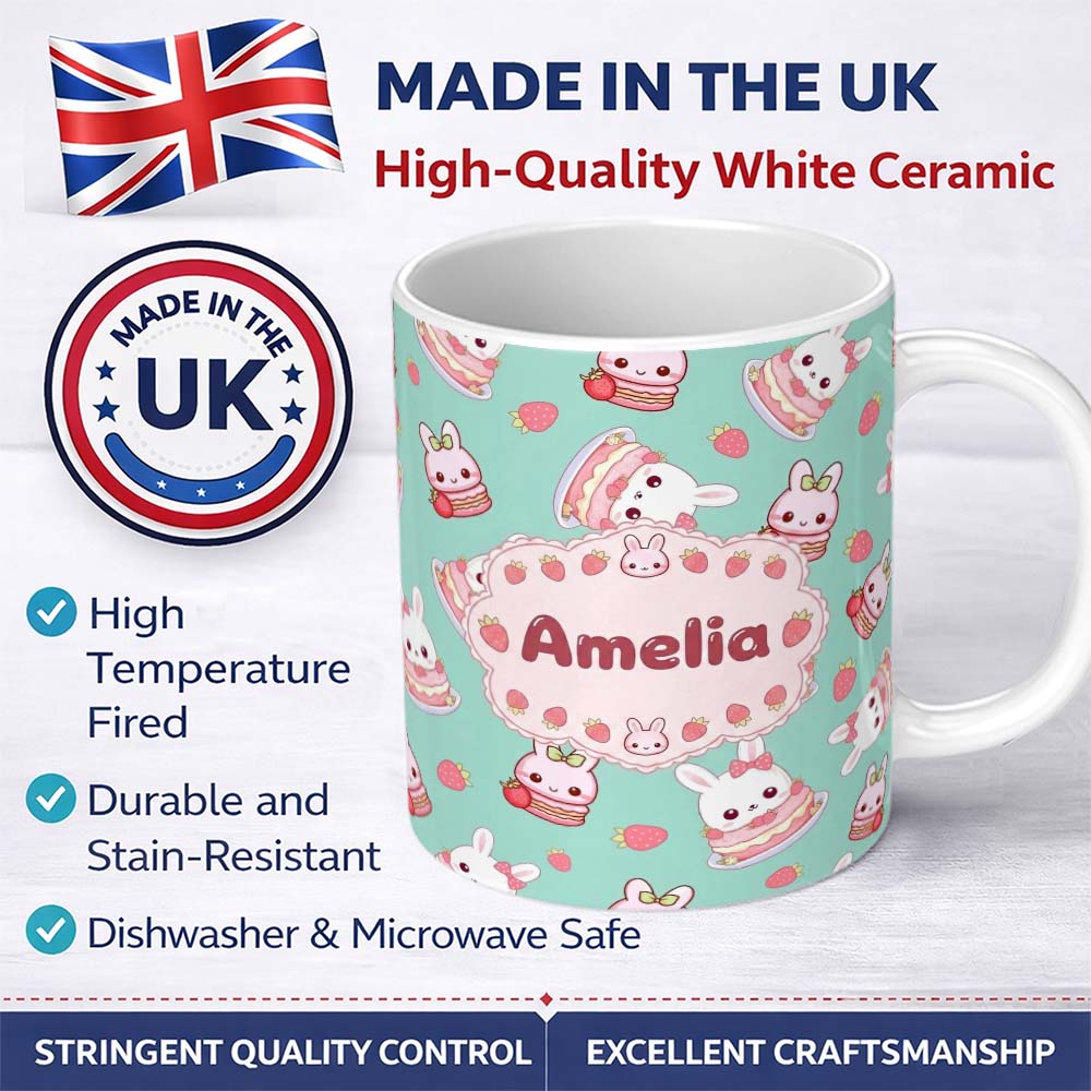 Personalized Custom Name Cute Strawberry Bunny Macaron Dessert Kawaii Mint Background 11oz Ceramic Coffee Tea Mug White Large Handle