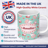 Personalized Custom Name Cute Strawberry Bunny Macaron Dessert Kawaii Mint Background 11oz Ceramic Coffee Tea Mug White Large Handle