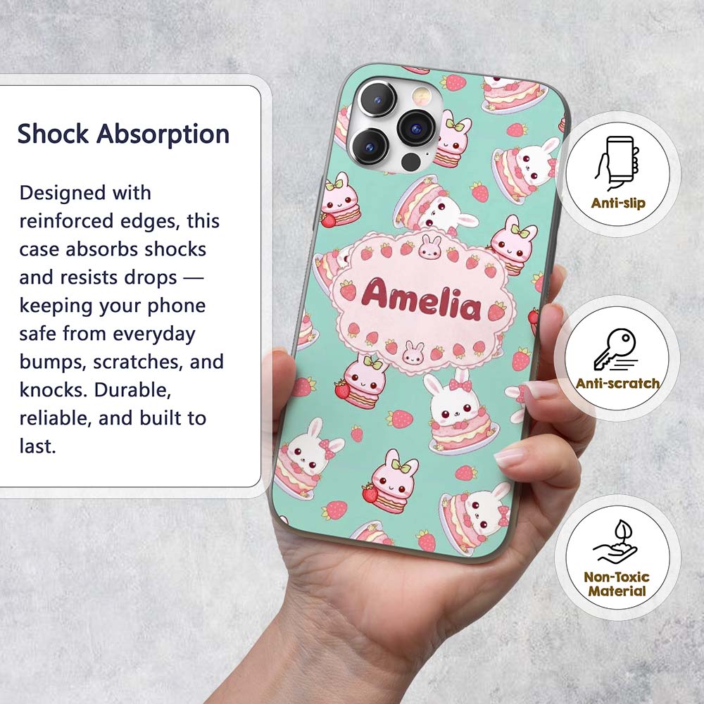 Cute Strawberry Bunny Macaron Dessert Kawaii Mint Custom Name Protective Phone Case Mobile Cover Durable Everyday Smartphone Shock Resistant