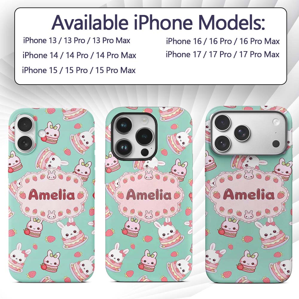Cute Strawberry Bunny Macaron Dessert Kawaii Mint Custom Name Protective Phone Case Mobile Cover Durable Everyday Smartphone Shock Resistant