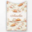 Floral Vintage Croissant Tea Cup Seamless Pattern Shabby Chic Style  Personalised Custom Name Super Soft Fleece Blanket Bed Sofa Throw