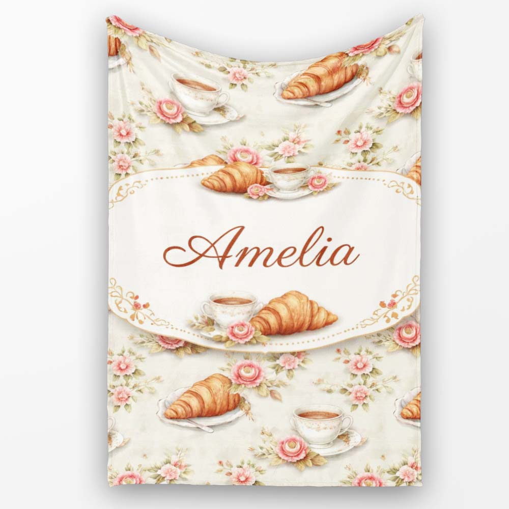 Floral Vintage Croissant Tea Cup Seamless Pattern Shabby Chic Style  Personalised Custom Name Super Soft Fleece Blanket Bed Sofa Throw