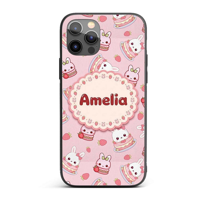 Cute Strawberry Bunny Macaron Dessert Kawaii Pink Custom Name Protective Phone Case Mobile Cover Durable Everyday Smartphone Shock Resistant