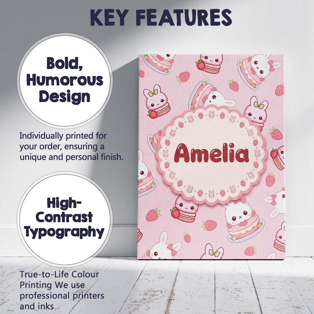 Personalised Name Cute Strawberry Bunny Custom  Modern Room Accent Elegant Feature Canvas Wall Art Print Decor Picture Ready to Hang