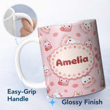 Personalized Custom Name Cute Strawberry Bunny Macaron Dessert Kawaii Pink Background 11oz Ceramic Coffee Tea Mug White Large Handle