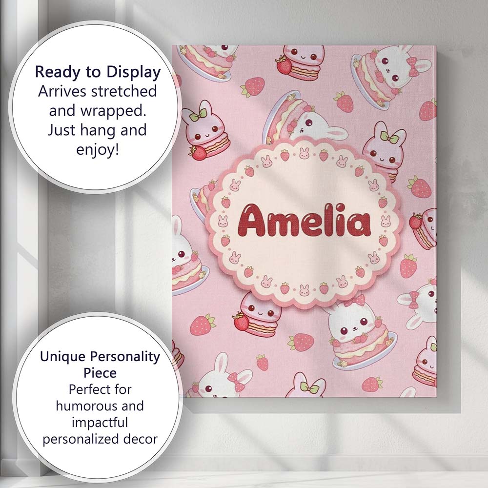 Personalised Name Cute Strawberry Bunny Custom  Modern Room Accent Elegant Feature Canvas Wall Art Print Decor Picture Ready to Hang