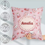 Custom Name Cute Strawberry Bunny Macaron Kawaii Pink Background Square Filled Cushion Throw Pillow Sofa Bed Home Decor Zip Washable UK Made