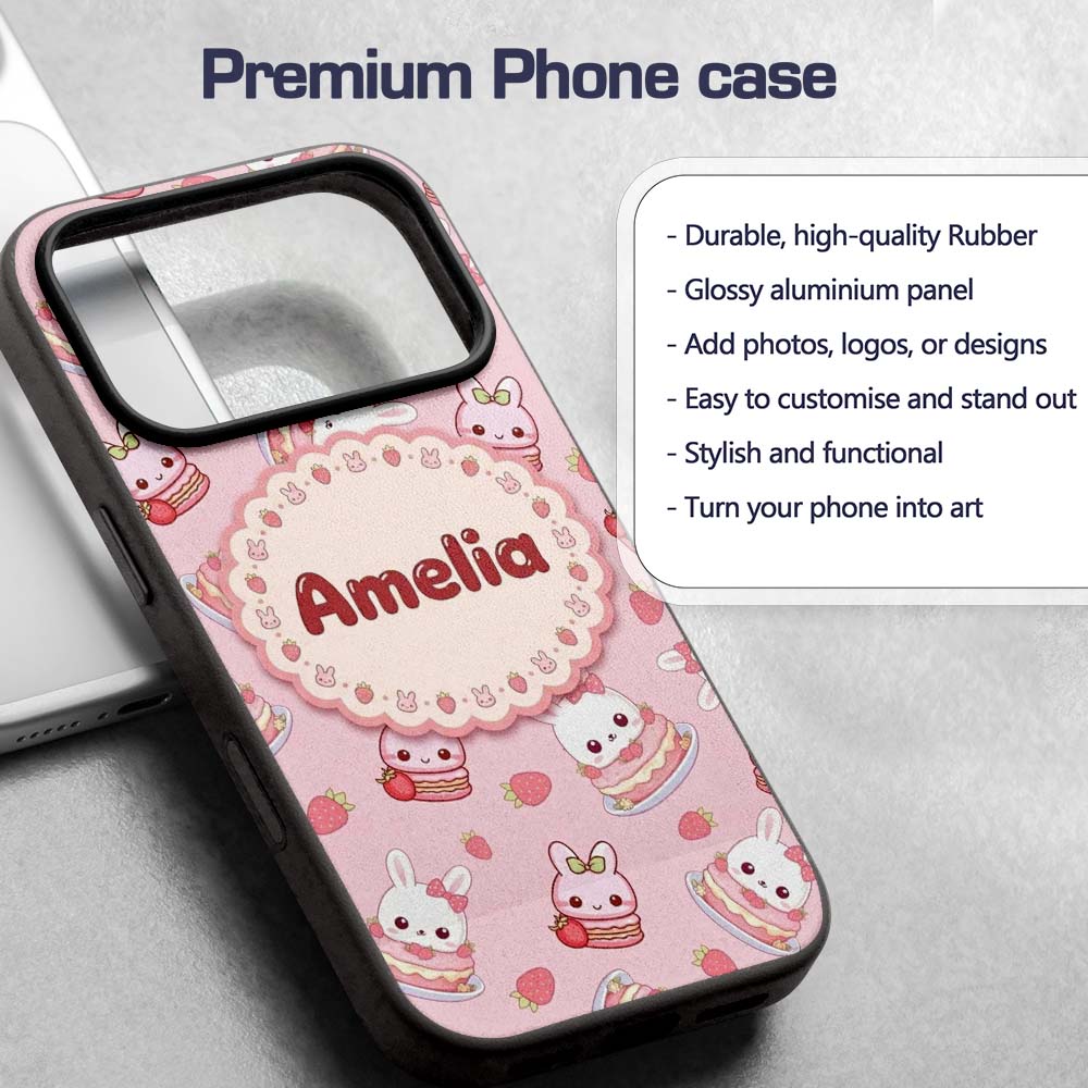 Cute Strawberry Bunny Macaron Dessert Kawaii Pink Custom Name Protective Phone Case Mobile Cover Durable Everyday Smartphone Shock Resistant