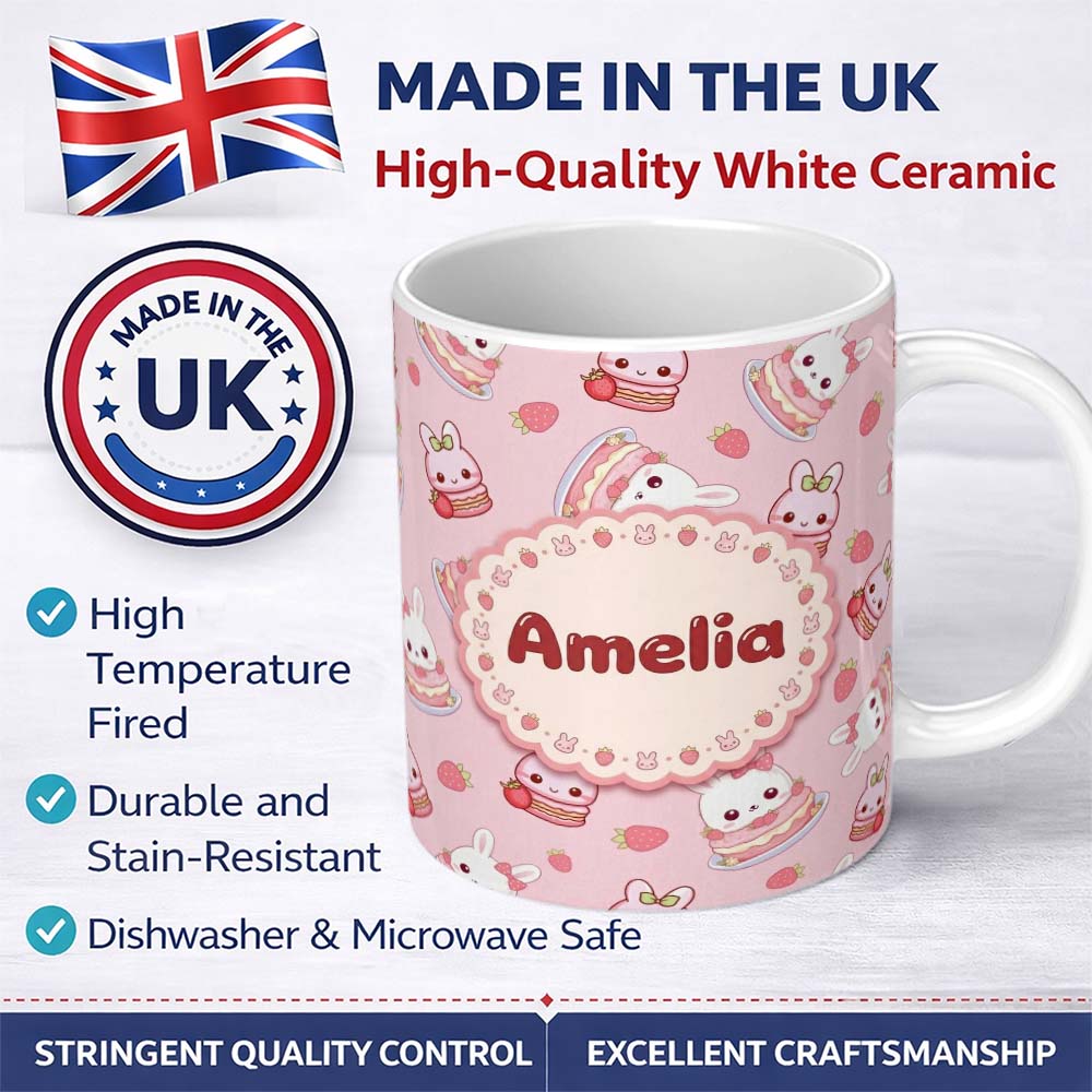Personalized Custom Name Cute Strawberry Bunny Macaron Dessert Kawaii Pink Background 11oz Ceramic Coffee Tea Mug White Large Handle