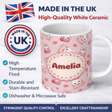 Personalized Custom Name Cute Strawberry Bunny Macaron Dessert Kawaii Pink Background 11oz Ceramic Coffee Tea Mug White Large Handle
