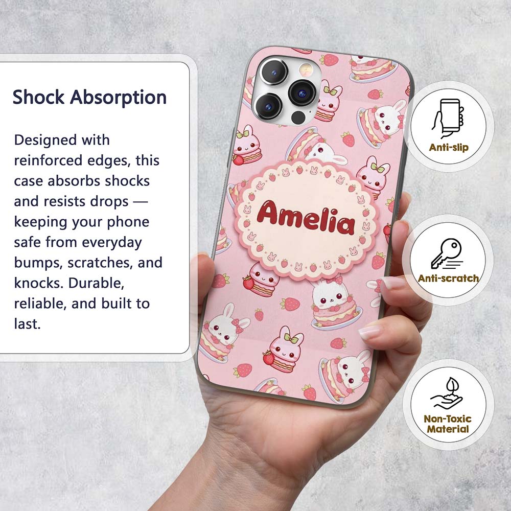 Cute Strawberry Bunny Macaron Dessert Kawaii Pink Custom Name Protective Phone Case Mobile Cover Durable Everyday Smartphone Shock Resistant