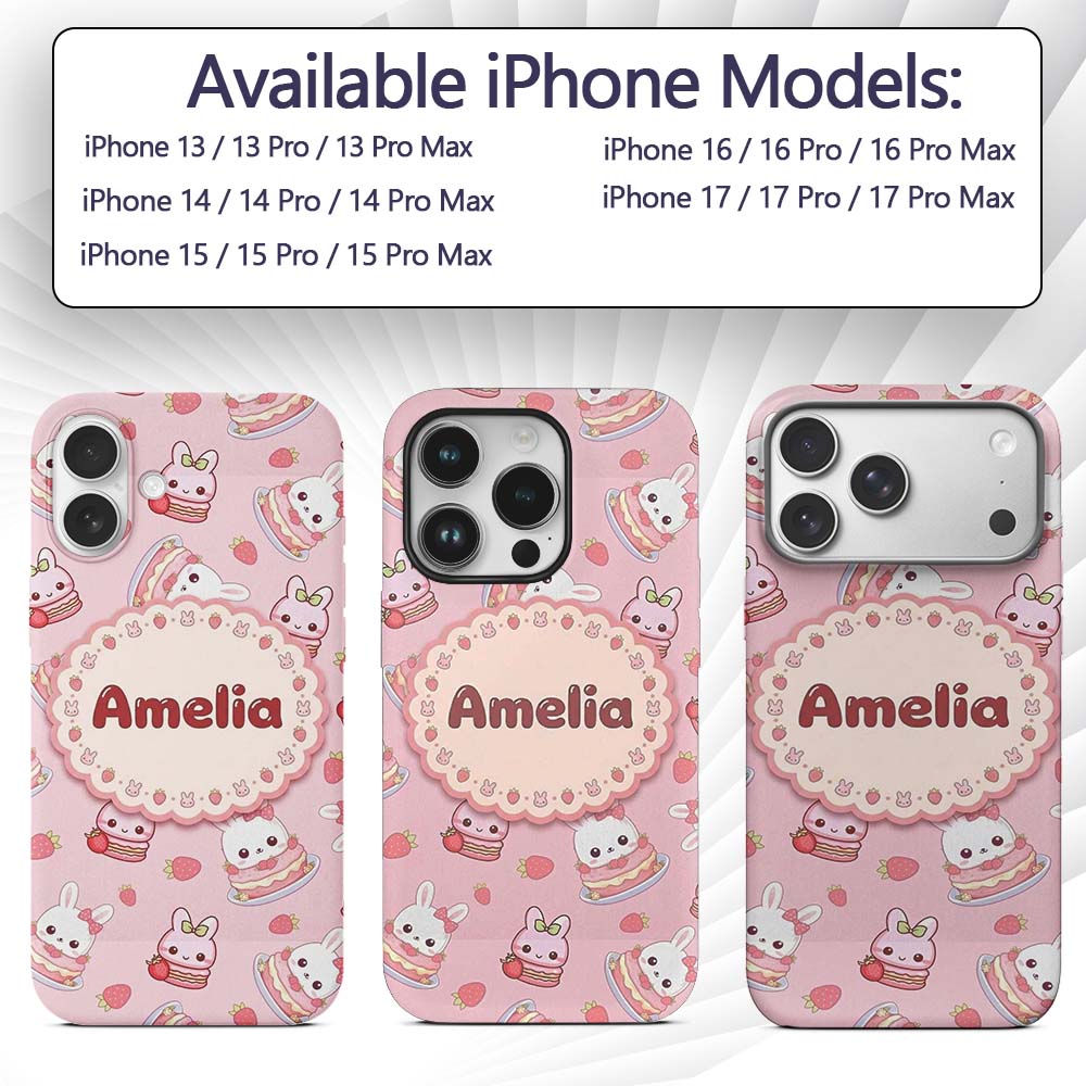 Cute Strawberry Bunny Macaron Dessert Kawaii Pink Custom Name Protective Phone Case Mobile Cover Durable Everyday Smartphone Shock Resistant