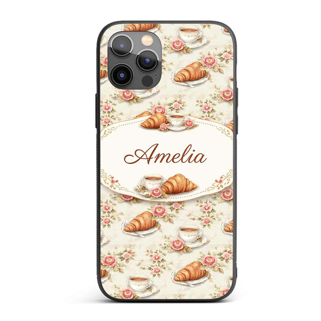 Floral Vintage Croissant Tea Cup Seamless Pattern Custom Name Protective Phone Case Mobile Cover Durable Everyday Smartphone Shock Resistant