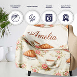 Floral Vintage Croissant Tea Cup Seamless Pattern Shabby Chic Style  Personalised Custom Name Super Soft Fleece Blanket Bed Sofa Throw