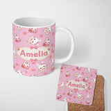Personalized Custom Name Strawberry Bunny Macaron Dessert Kawaii Blush Pink Background 11oz Ceramic Coffee Tea Mug White Large Handle