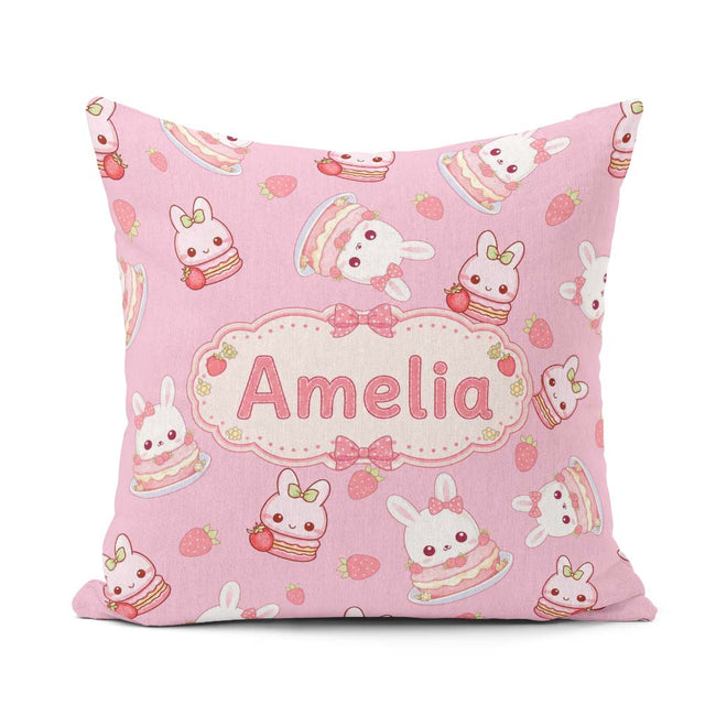 Custom Name Strawberry Bunny Macaron Dessert Kawaii Blush Pink Square Filled Cushion Throw Pillow Sofa Bed Home Decor Zip Washable UK Made
