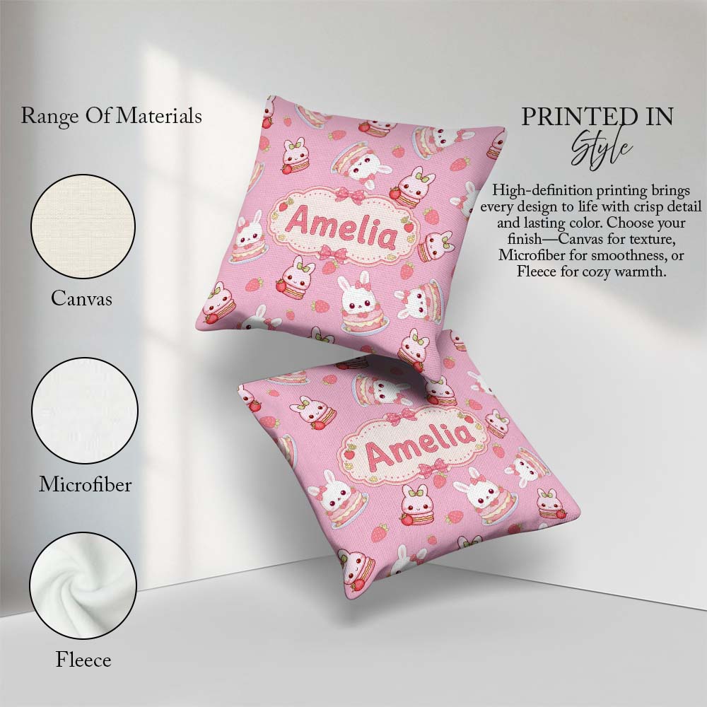Custom Name Strawberry Bunny Macaron Dessert Kawaii Blush Pink Square Filled Cushion Throw Pillow Sofa Bed Home Decor Zip Washable UK Made