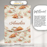 Floral Vintage Croissant Tea Cup Seamless Pattern Shabby Chic Style  Personalised Custom Name Super Soft Fleece Blanket Bed Sofa Throw