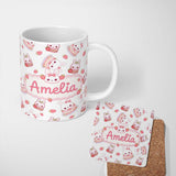 Personalized Custom Name Cute Strawberry Bunny Macaron Dessert Kawaii White Background 11oz Ceramic Coffee Tea Mug White Large Handle