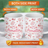 Personalized Custom Name Cute Strawberry Bunny Macaron Dessert Kawaii White Background 11oz Ceramic Coffee Tea Mug White Large Handle