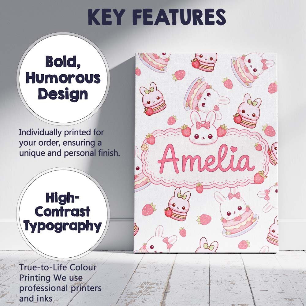 Personalised Name Cute Strawberry Bunny Custom  Modern Room Accent Elegant Feature Canvas Wall Art Print Decor Picture Ready to Hang