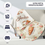 Floral Vintage Croissant Tea Cup Seamless Pattern Shabby Chic Style  Personalised Custom Name Super Soft Fleece Blanket Bed Sofa Throw