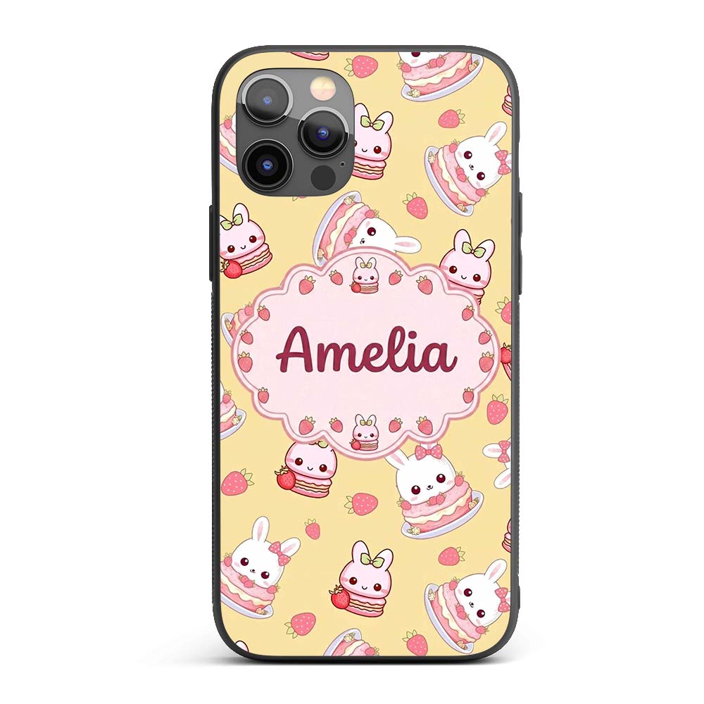 Cute Strawberry Bunny Macaron Dessert Kawaii Custom Name Protective Phone Case Mobile Cover Durable Everyday Smartphone Shock Resistant