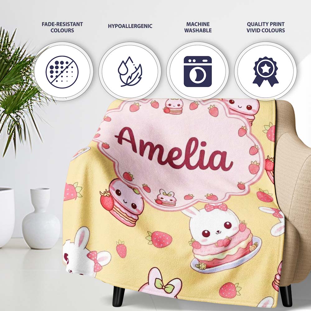 Cute Strawberry Bunny Macaron Dessert Kawaii Yellow Background  Personalised Custom Name Super Soft Fleece Blanket Bed Sofa Throw
