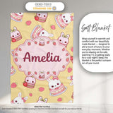 Cute Strawberry Bunny Macaron Dessert Kawaii Yellow Background  Personalised Custom Name Super Soft Fleece Blanket Bed Sofa Throw