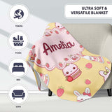 Cute Strawberry Bunny Macaron Dessert Kawaii Yellow Background  Personalised Custom Name Super Soft Fleece Blanket Bed Sofa Throw
